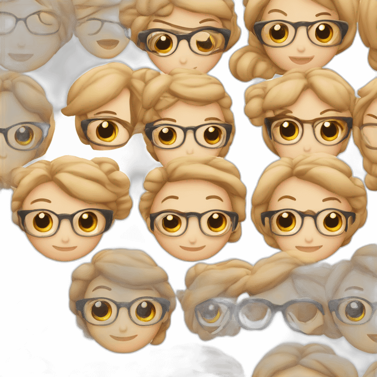 Mujer, pelo cobrizo, tez blanca, ojos cafés, lunar al lado derecho de la barbilla, cejas delgadas, pestañas largas, con lentes transparentes, con fleco, emoji