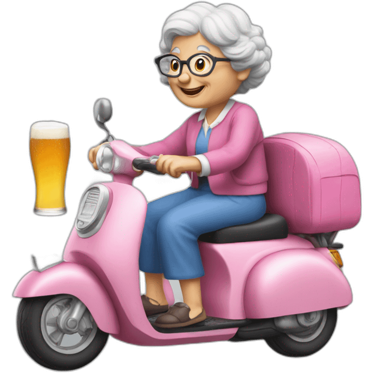 a granny with a beer on a pink scooter emoji