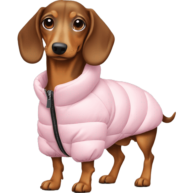 Dashchund wearing a light pink puffer jacket  emoji