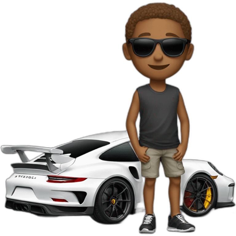 Boy wearing shades in front of Porsche 911 gt3rs  emoji