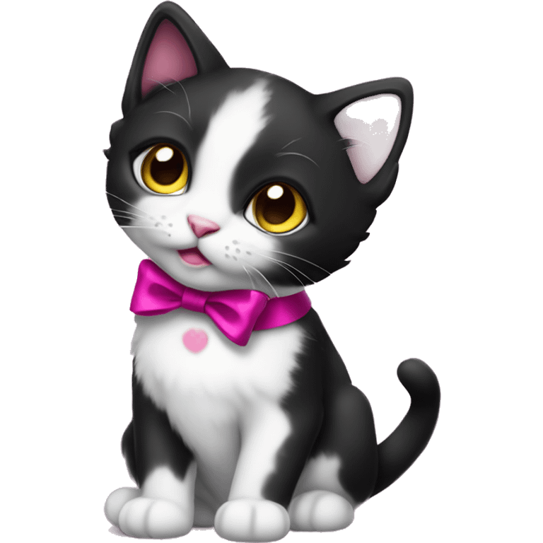 Full body Tuxedo kitten with a magenta ribbon Hazel eyes emoji