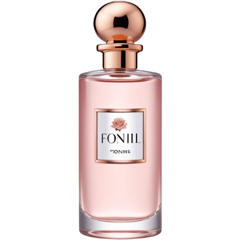 perfume pink A **slim, cylindrical perfume bottle** with a **transparent glass body**, a **rose gold metallic cap**, and a **denim-textured label**. emoji