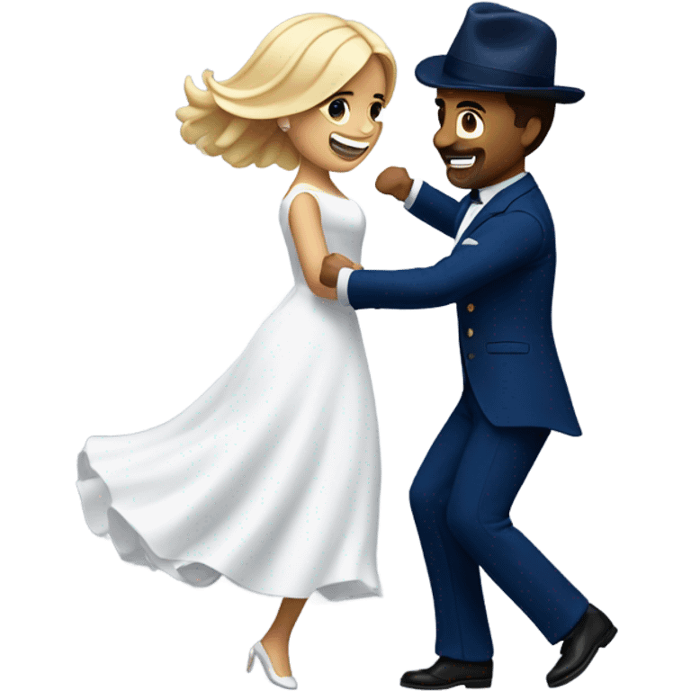 Puerto rican beard short brown hair with blue hat and navy blue suit first dance with blond long hair girl with white  wedding dress  emoji