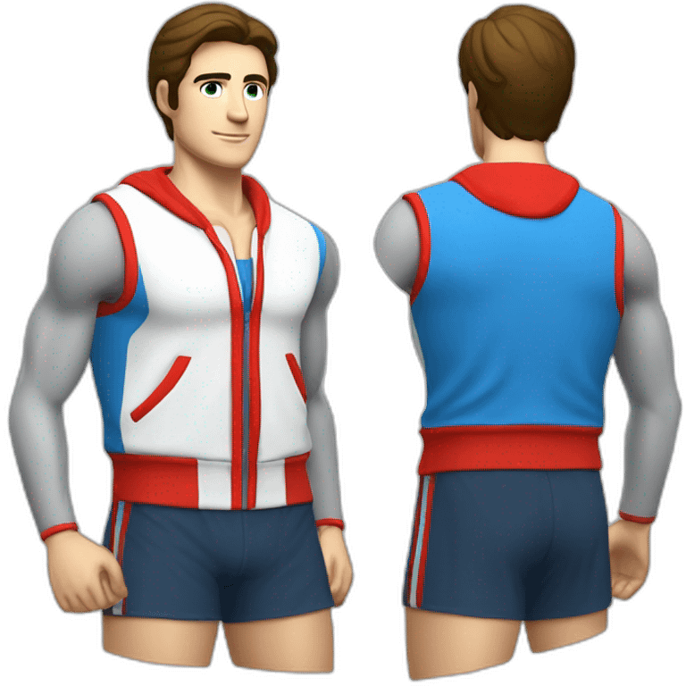 retro 70s blue and red gym clothes for a modern white brunette uni male student with glass emoji