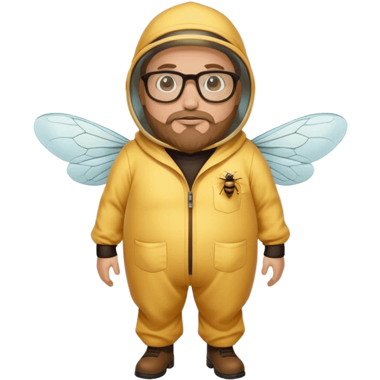 full body plus size bee keeper with light brown hair a goatee wearing glasses with a bee face emoji