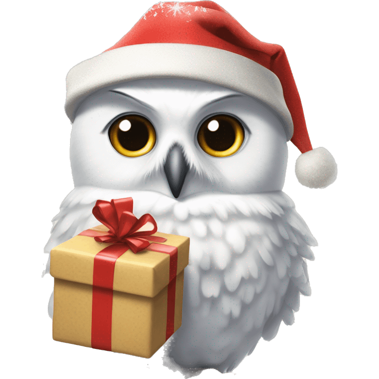 Hedwig the snowy owl, wearing a tiny Christmas hat, carrying a rolled-up letter tied with a festive ribbon in her beak emoji