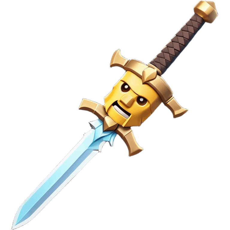 Clash of Clans aesthetic: Cinematic Playful Pixel 3D Sword Portrait Emoji, rendered in a 3D vector-style similar to standard emojis with minimal shading and bold, simplified shapes. A compact, distinct form with signature details, softly glowing with a pixelated adventure charm. Simplified yet unmistakably iconic, highly detailed and consistent, glowing with a soft radiance and high shine. Stylized with a touch of classic pixel-art charm and a soft glowing outline, capturing the essence of a beloved gaming relic with a friendly, playful manner! emoji