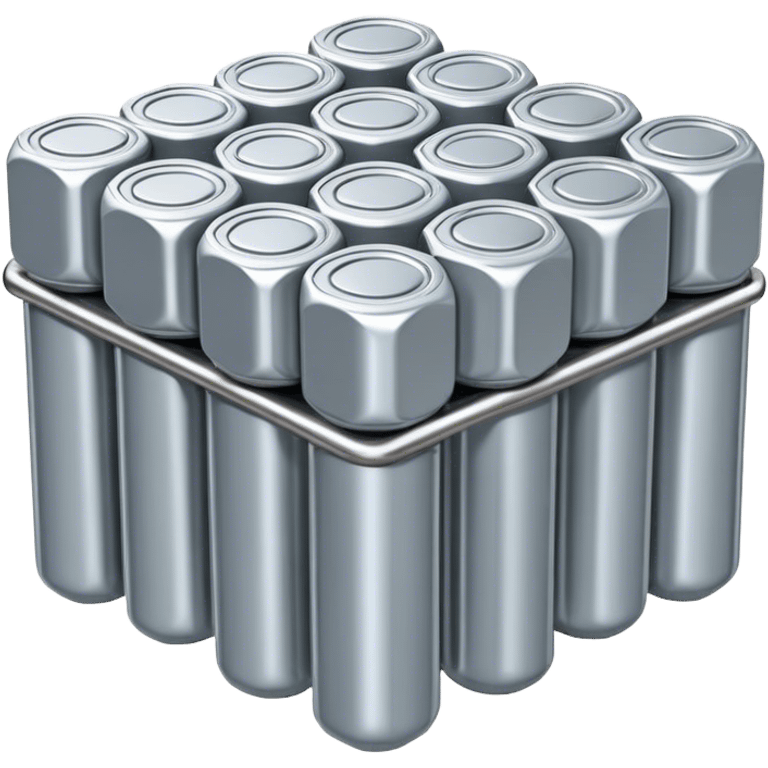 A bundle of uranium fuel rods used in a nuclear reactor, with a metallic silver or gray structure and cylindrical rods, arranged in a hexagonal grid, realistic and industrial style, no green color, only metallic shades. emoji