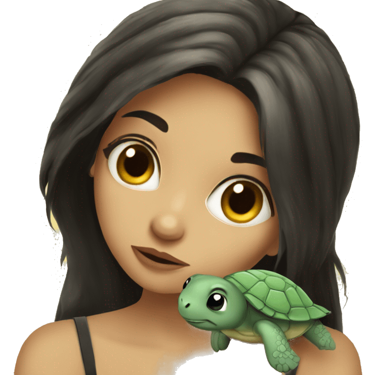 European girl with dark hair kiss little turtle emoji