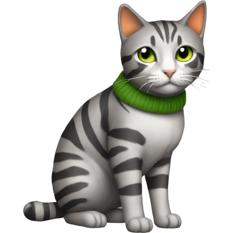 A striped grey cat with green eyes with orange sweater in full growth emoji