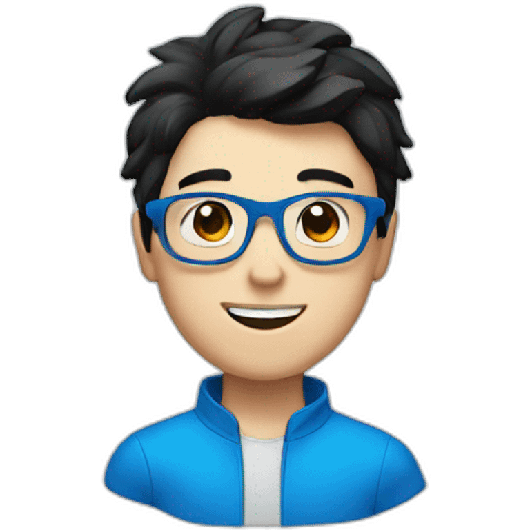 White Boy with chinese black hair wearing blue glasses saying hi emoji