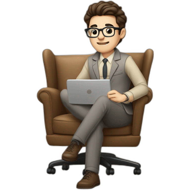 Pale skinned Fit Man With dark brown hair in gray jacket, beige office shirt, Brown pants and vintage glasses sitting In a soft chair with a notebook on spring with emblem Ψ and a pen emoji