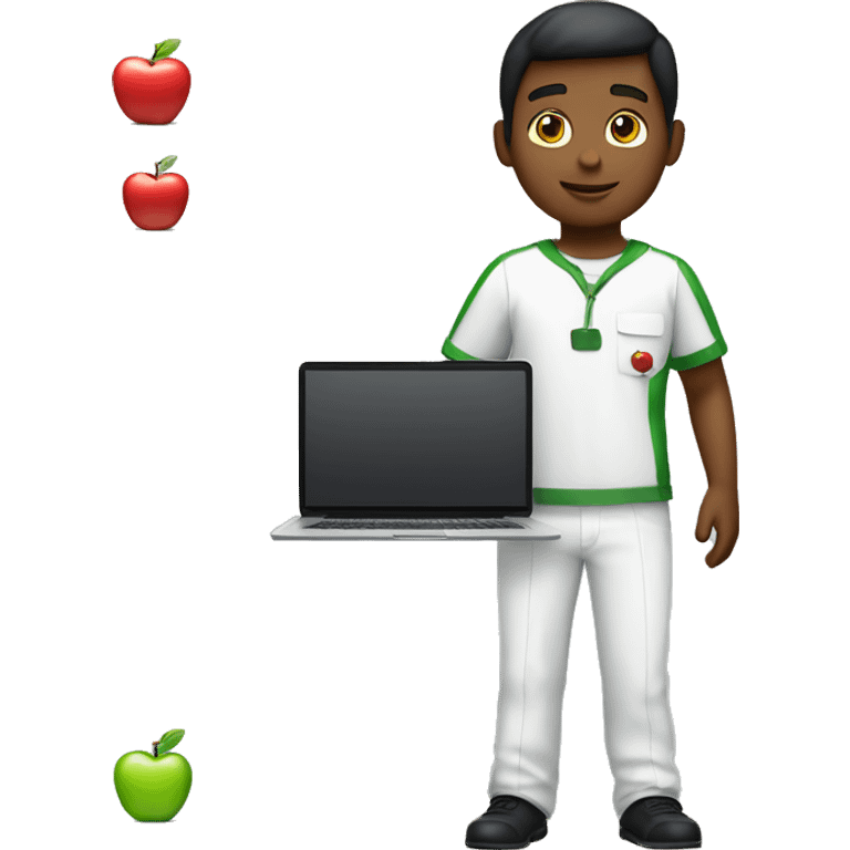 Full body white boy, wearng the apple uniform, and holdin a laptop with apples T&C's emoji