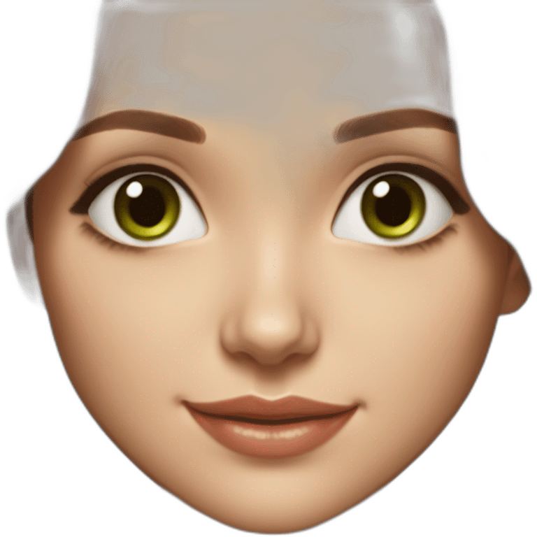 beautiful girl, white, with long loose wavy hair, brown hair, brown green eyes, looks like natalie portman, smiles at the camera, drawing realistic, good detailing emoji