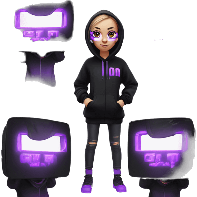 Russian girl wearing black hoody with violet letters "OMG", in vr headset oculus quest2. Standing like jedi. Cyberpunk style. Violet neon. emoji