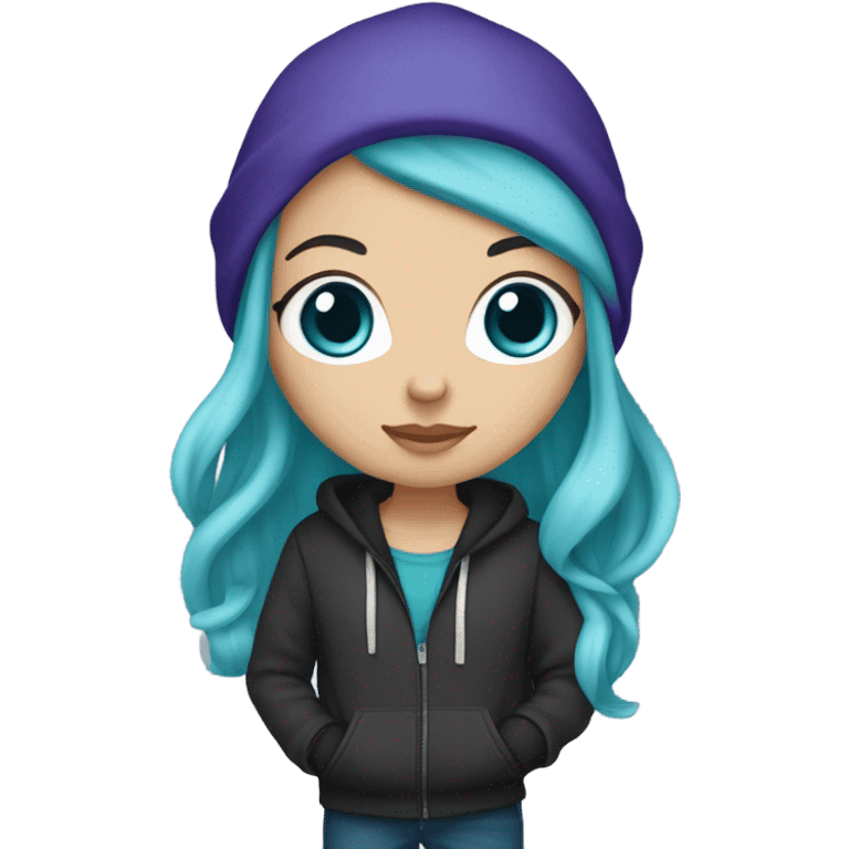 White girl, blue eyes, long teal hair, purple beanie hat, black hoodie, blue jeans, black shoes emoji