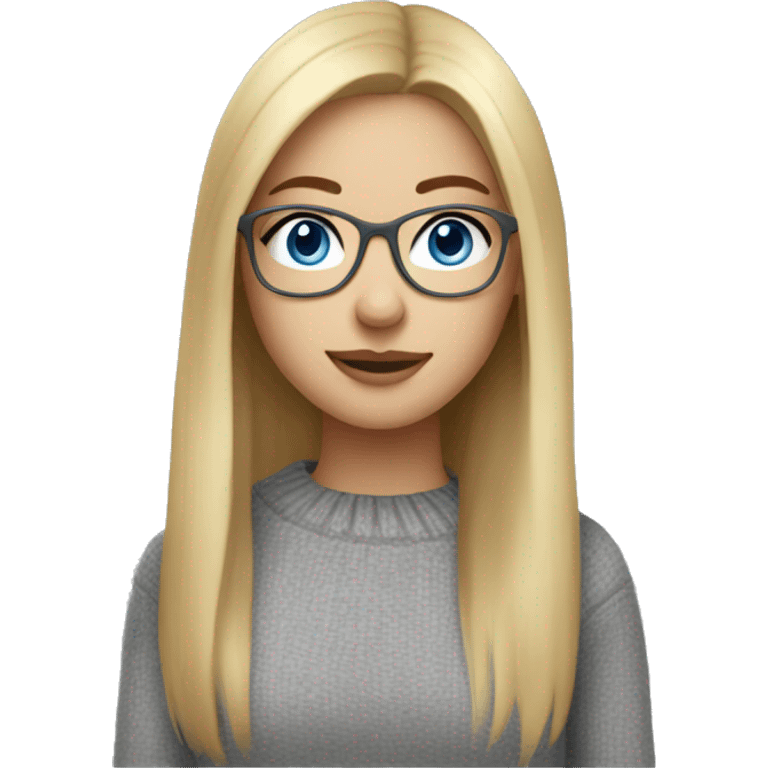 girl with blond long straight hair, ,blue eyes, mini nose and cute glasses in grey sweater emoji