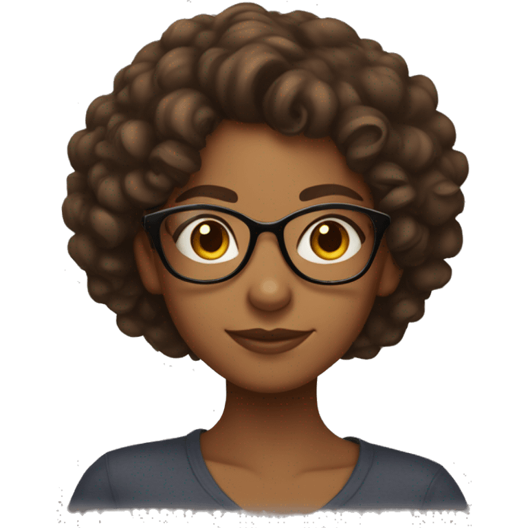 Brown girl with curly brown hair wearing glasses and arms folded, smiling emoji