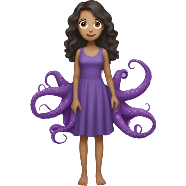 girl (full body) with longish dark hair, wearing a purple dress and holding a purple octopus emoji