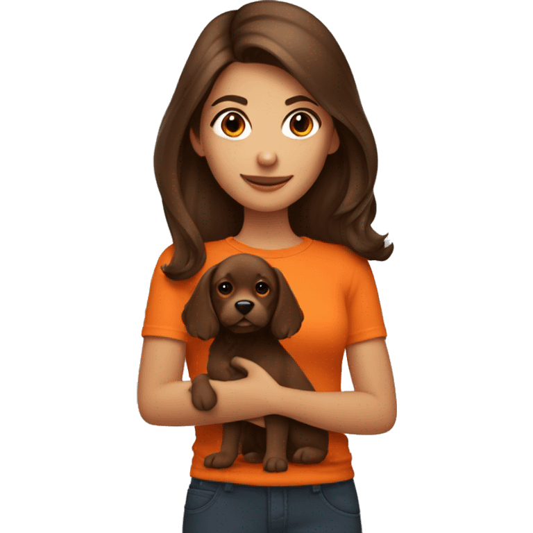 medium hair brunette girl holding dark orange puppy emoji