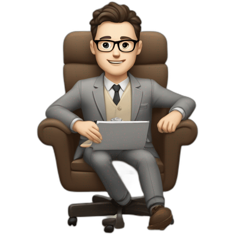 Pale skinned Fit Man With dark brown hair in gray jacket, beige office shirt and vintage glasses sitting In a soft chair with a notebook with emblem Ψ and a pen in his hands emoji