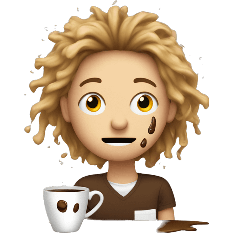 emoji of a person with a wild, frazzled expression, surrounded by a spilled cup of coffee, with coffee splashes all around. Their hair is frizzy, and they’ve got coffee stains on their shirt as they frantically try to clean up the mess. emoji