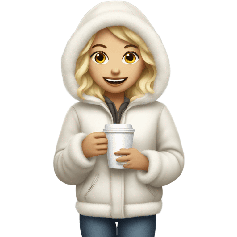 blonde girl wearing white fluffy jacket and a coffee to go in hand emoji