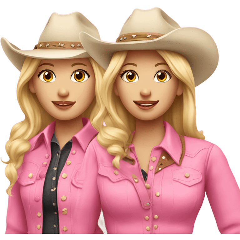 Two blonde cowgirls wearing pink emoji