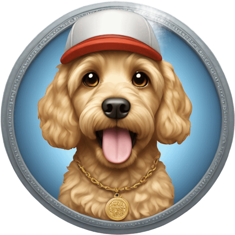 Blonde cockapoo wearing large medallion and cap emoji