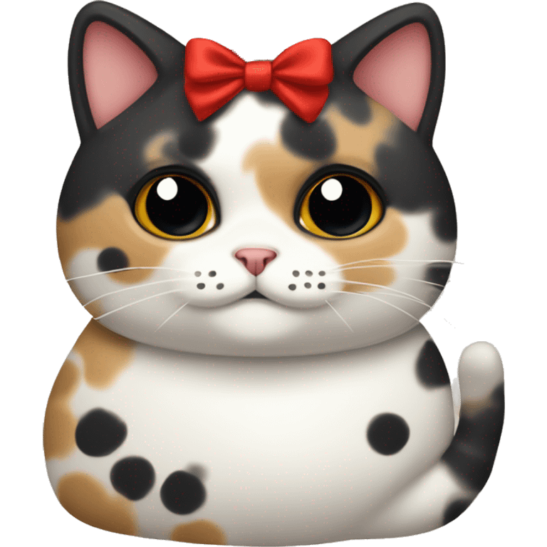 Chubby Calico cat with black spots wearing a red ribbon around its neck  emoji