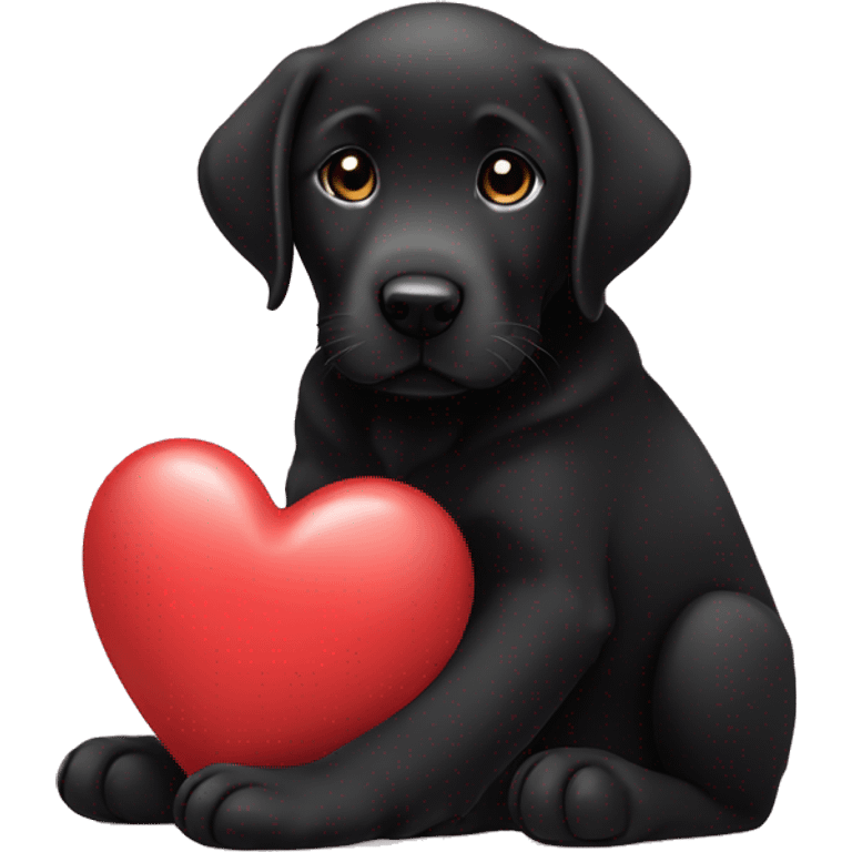 sitting black labrador puppy is holding a heart emoji