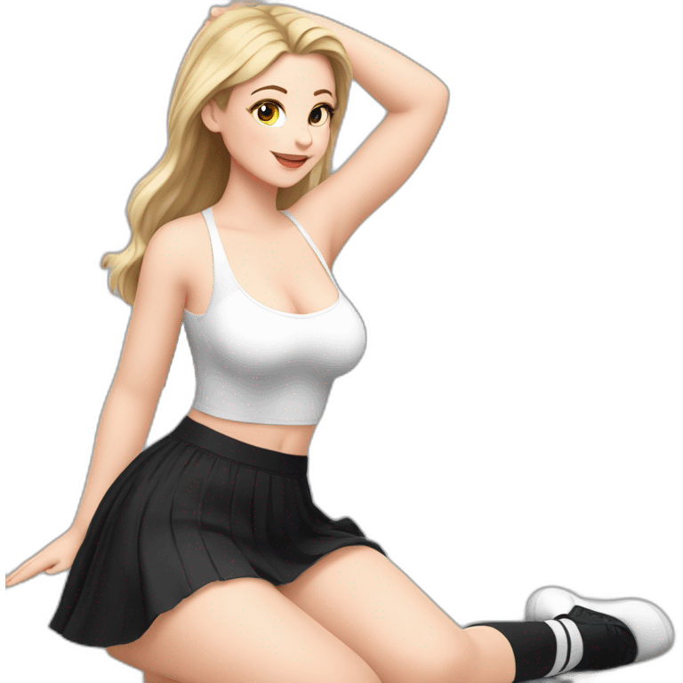 Front view full body curvy caucasian beauty sits on the floor straight hands up black skirt white knickers white socks emoji