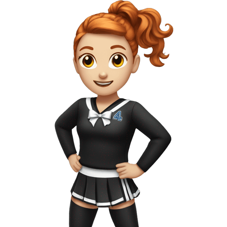 Redhead girl wearing black sparkly all star cheer uniform with a high ponytail and bow in hair emoji