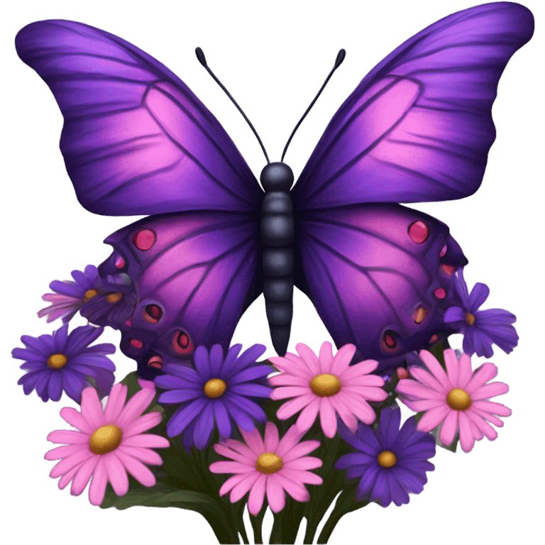 Aesthetic butterfly with purple and pink wings sitting on a dark purple bouquet of Daisies in a pastel pink vase emoji