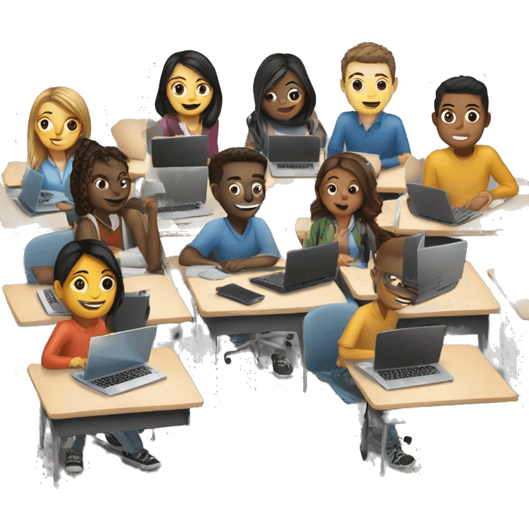 A group of students with laptops on desks emoji