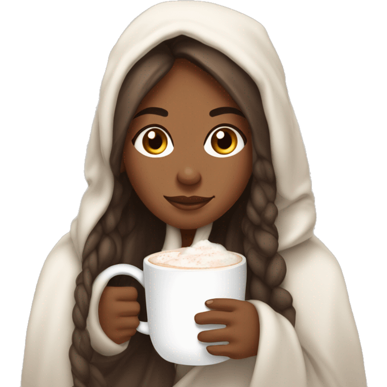 brownskin girl with long straight hair wrapped in a cozy white blanket holding a mug of steaming hot cocoa emoji