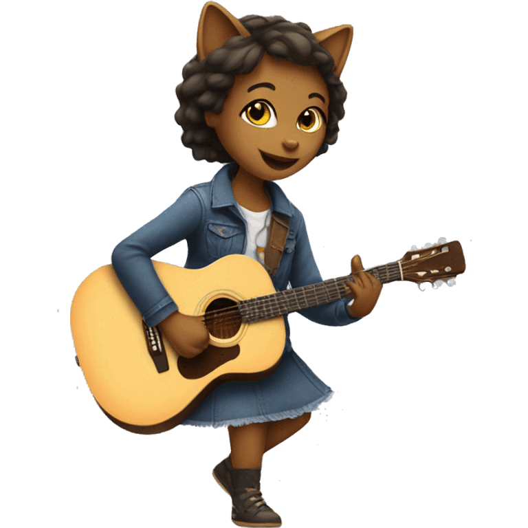 girl cat dancing and playing acoustic guitar emoji