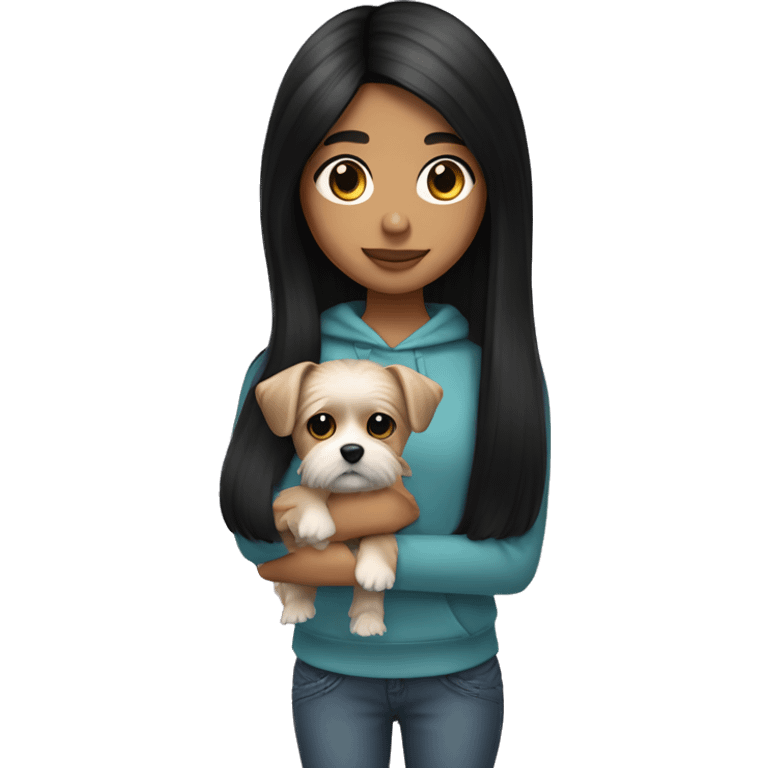 teenage mexican girl with black straight hair holding a morkie dog like a baby emoji