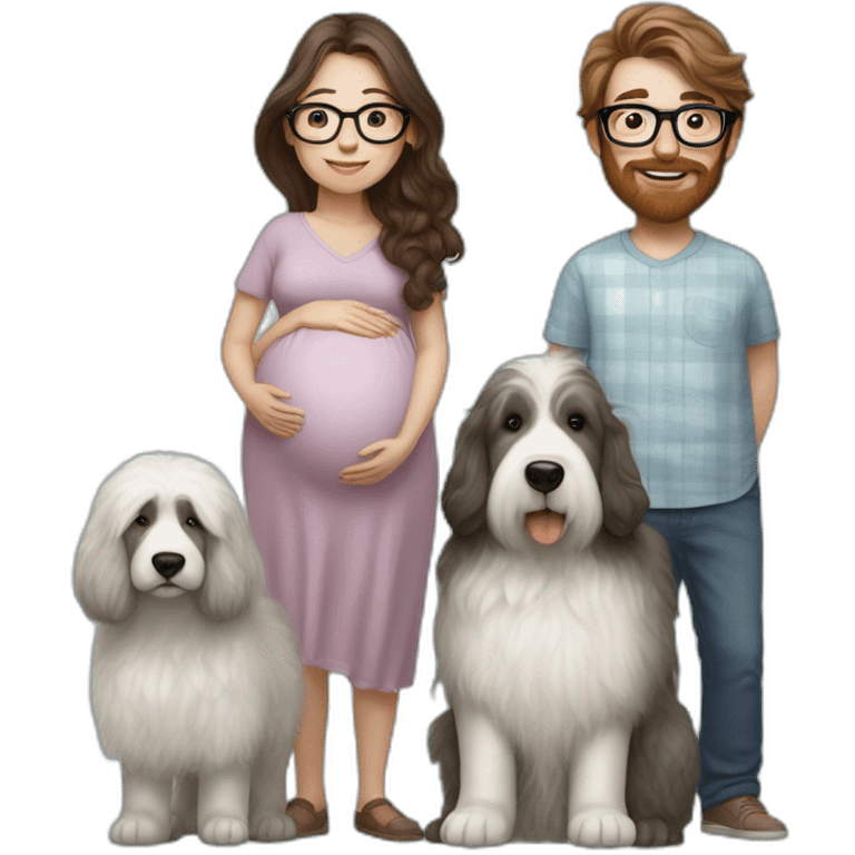 Hyperrealist pregnant girl with half long brown hair with glasses, a boy with long beard, glasses and short hair and english sheepdog emoji