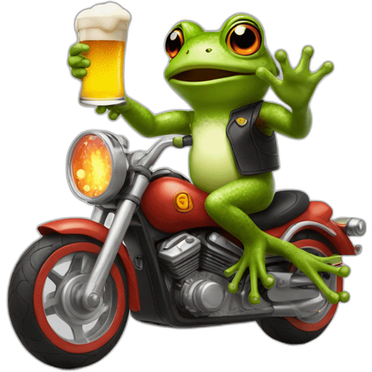 Frog riding motorcycle with fire exhaut and beer in one hand emoji