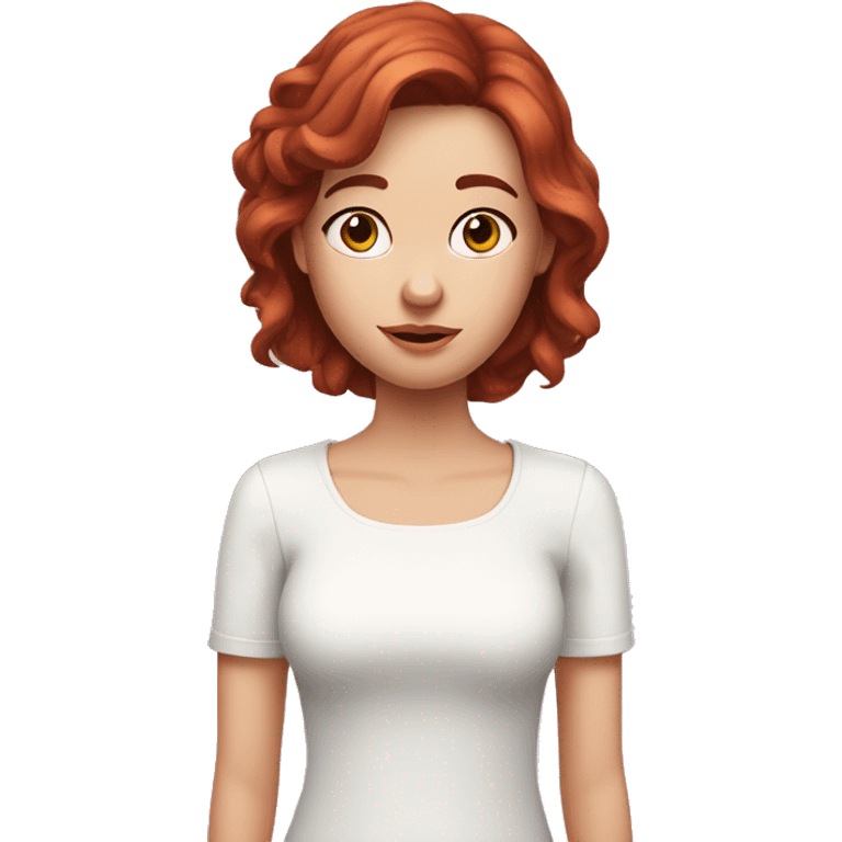 girl with kinda dark redhead hair with many freackles all over face and arm who hold an iphone 15 pink and is dressed with a white top emoji