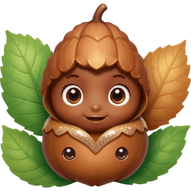 Cinematic tiny happy acorn, glossy brown, soft glowing highlights, tiny adorable face with big sparkly eyes, sitting on a pastel leaf, warm and cheerful. emoji