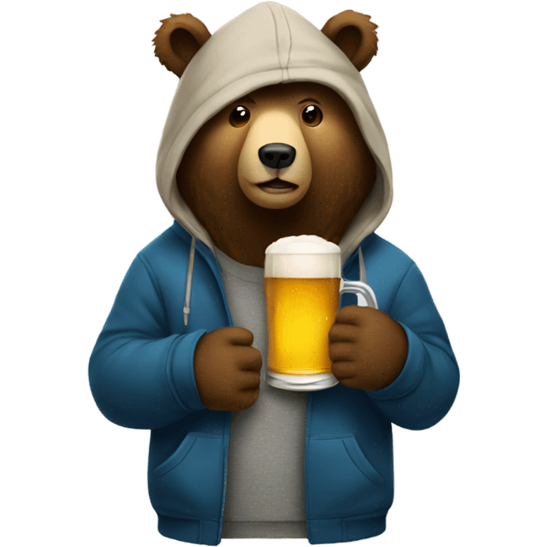 Bear wearing a hoodie and drinking a beer emoji