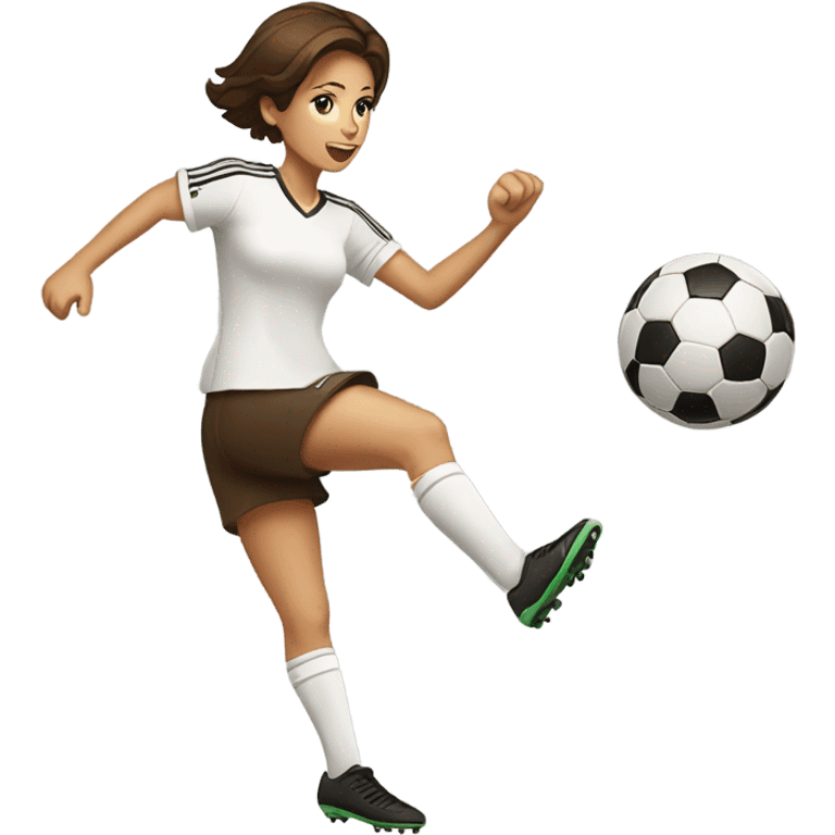 Pretty woman with short brown hair kicking a soccer ball emoji