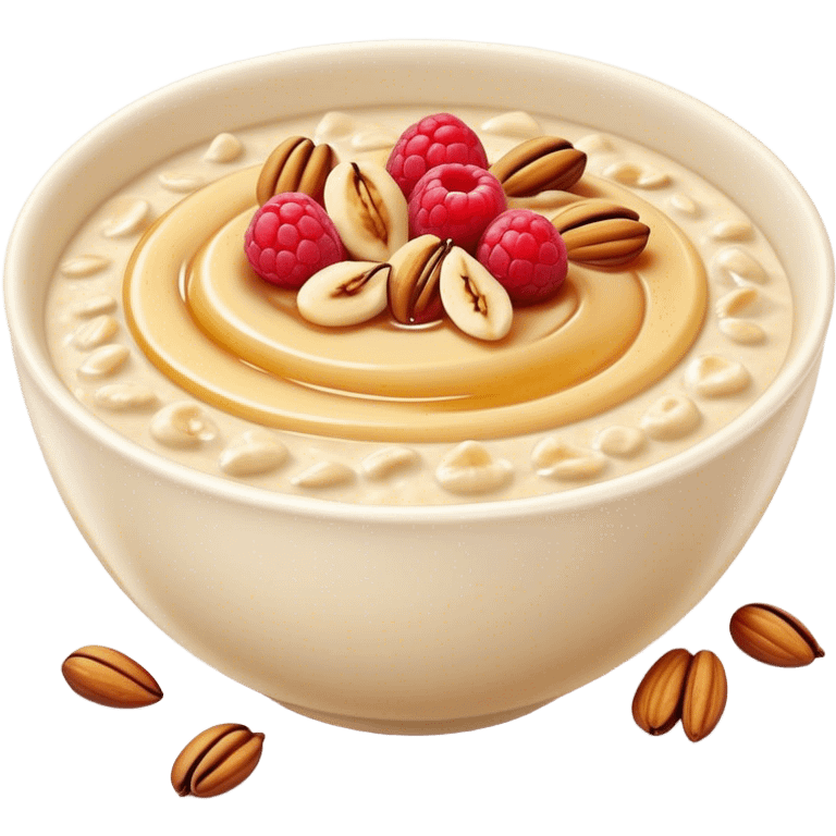 Cinematic creamy oatmeal, smooth texture with a swirl of honey on top, garnished with fresh berries and nuts, warm and comforting, cozy golden tones, rich and delicious. emoji