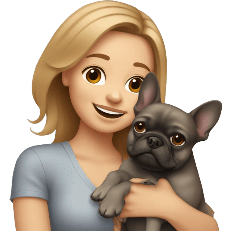 light brown hair woman hugging two dogs: a pomeranian and a dark gray french bulldog emoji