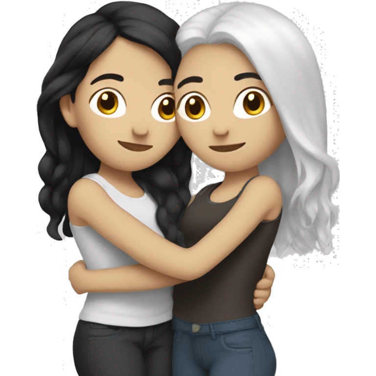 A lesbian couple with white skin and long black hair hugging intimately emoji