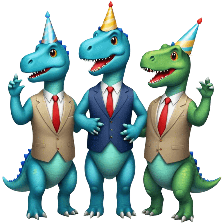 three office dinosaurs in office suits celebrating birthday emoji