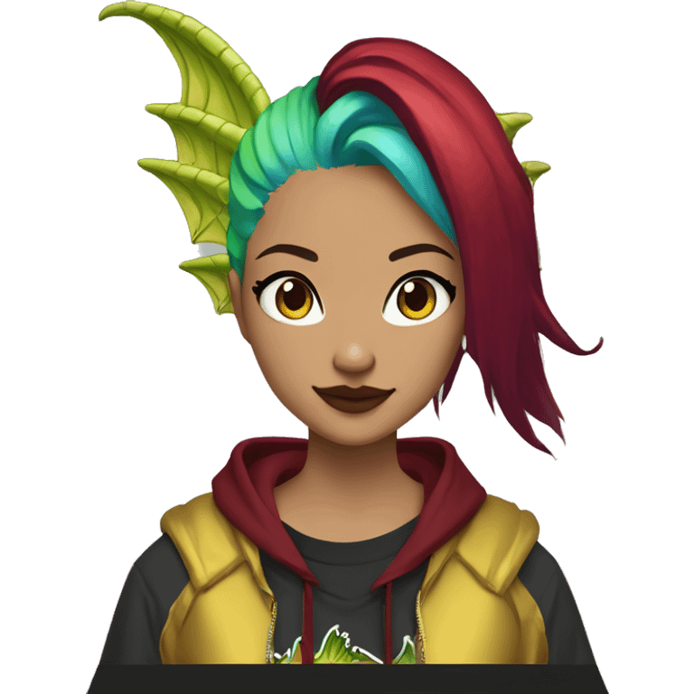 Lady with brunette and iridescent blue hair, gold, lime green dragon wings, maroon hoodie, 420, black and gold Nike t shirt, and bright red eyes emoji