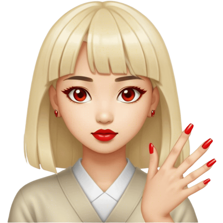 a wasian girl with bangs and red nails and she looks really cool and awesome emoji